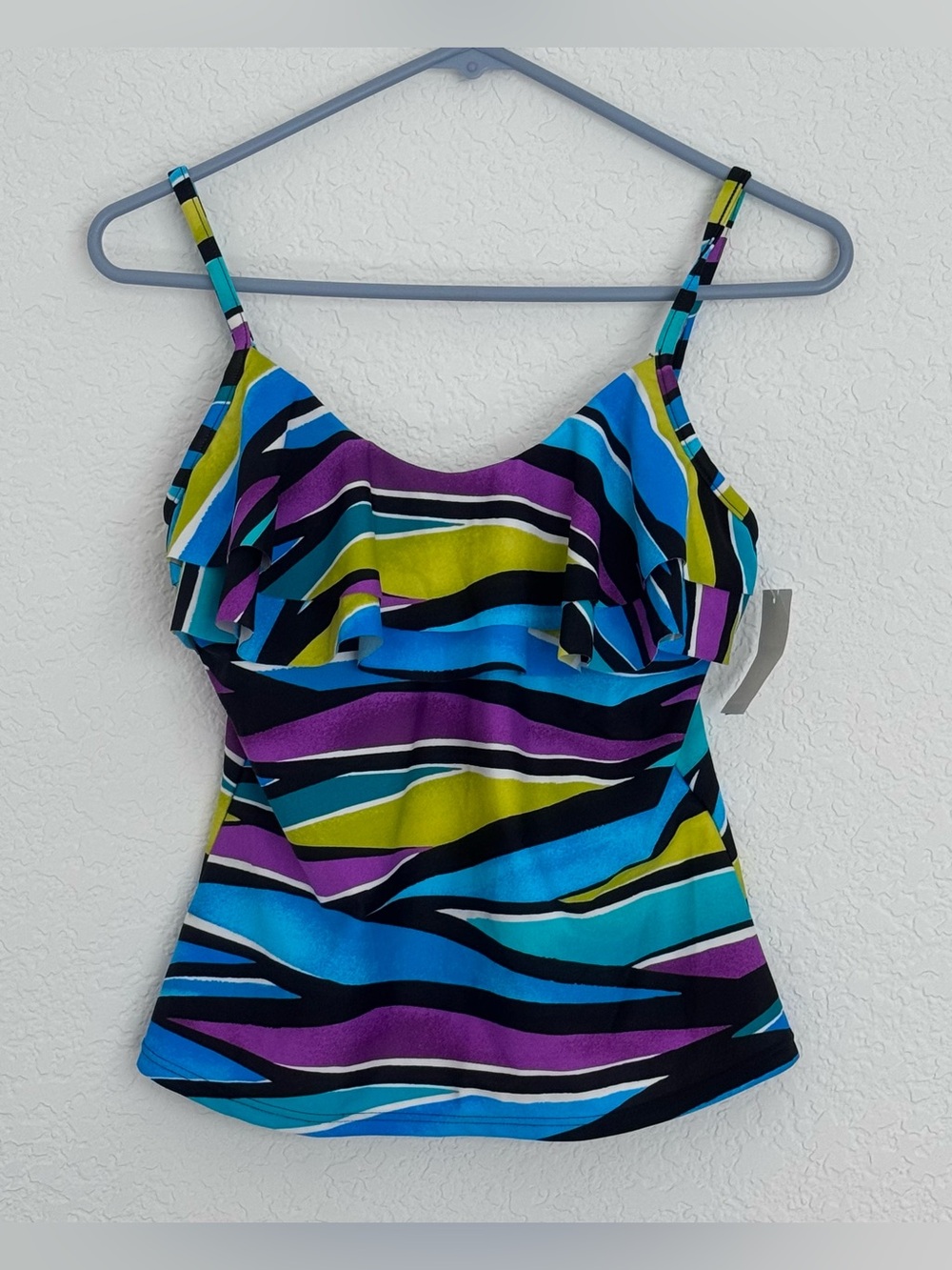 Striped Ruffle Swim Camisole in Blue, Purple & Lime